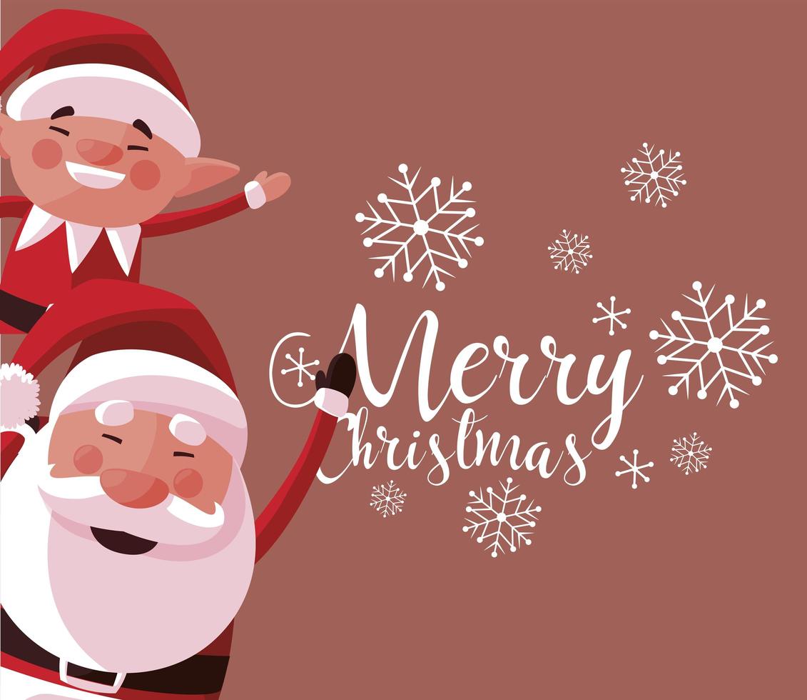merry christmas cute santa and elf snowflakes greeting card vector