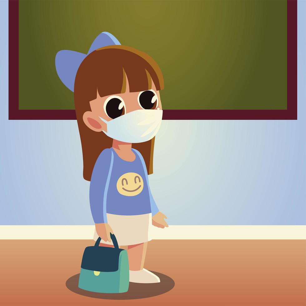 Regreso a la escuela de niña con diseño de vector de máscara médica y bolso