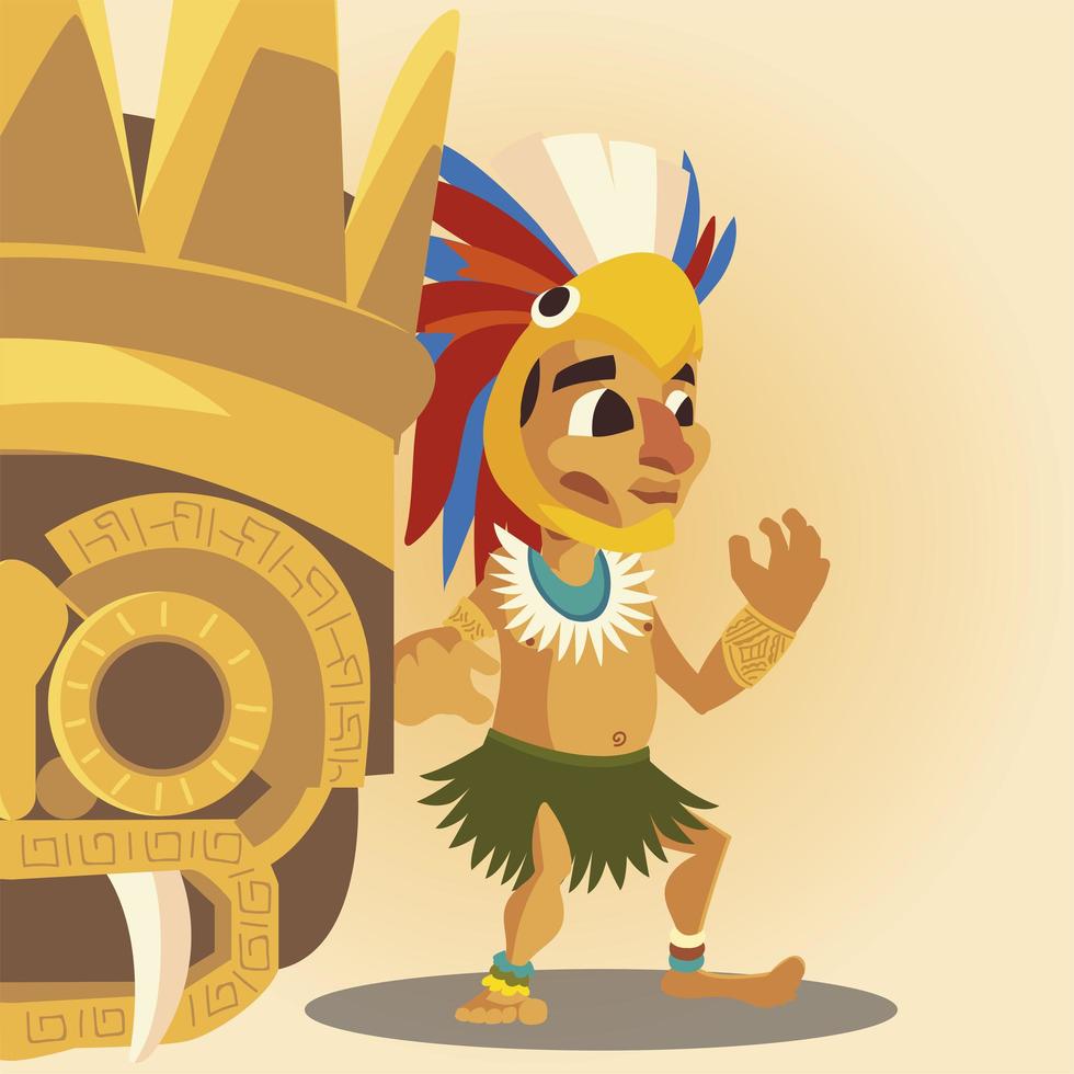 aztec warrior with headgear and golden ornament culture vector