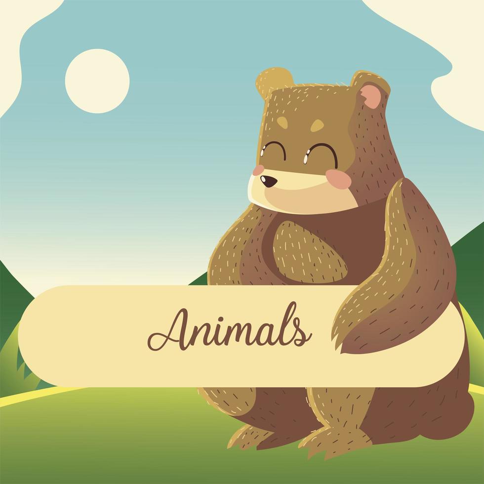oso de dibujos animados con texto de animales sentado en la hierba vector