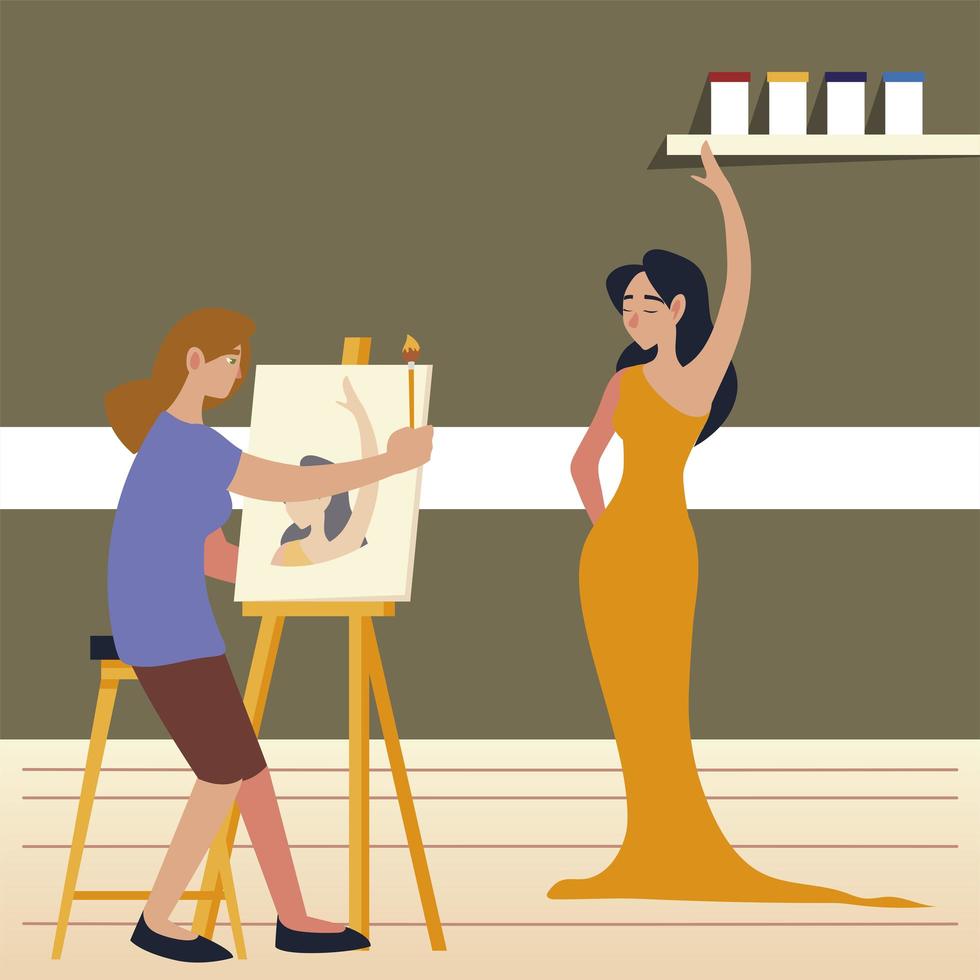 arte de la clase de pintura, niña sentada pintando un modelo femenino en el estudio vector