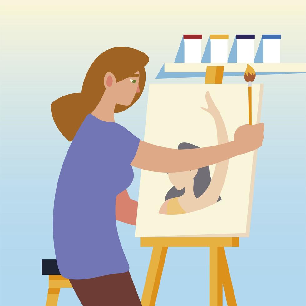 paint class art, woman student painting in the studio vector