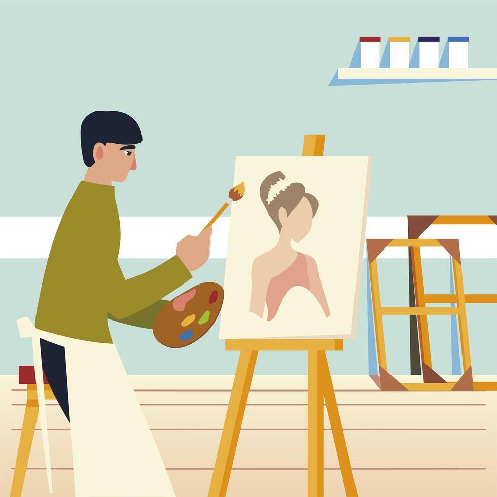 Hombre sentado pinta sobre lienzo con pinturas al óleo y pincel un modelo femenino vector