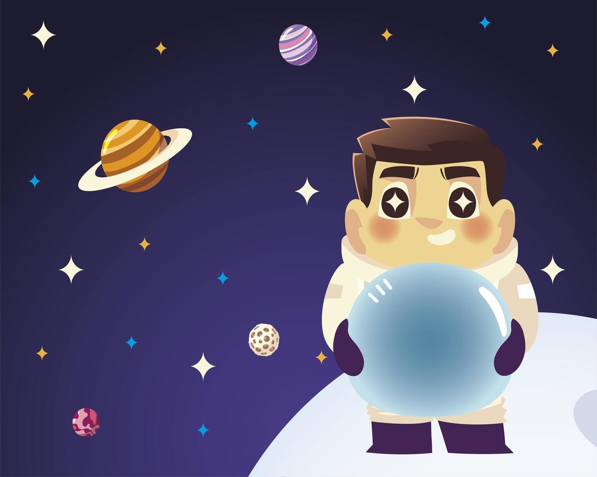 space astronaut holds helmet planets moon and stars cartoon vector