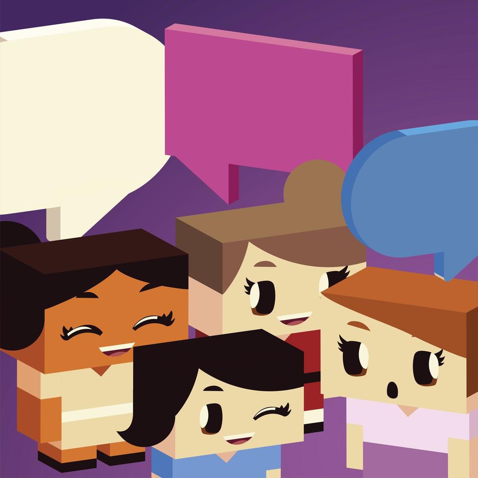 kids, girls talking speech bubble, isometric style vector