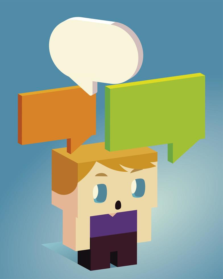 cute surprised boy with speech bubbles, isometric design vector