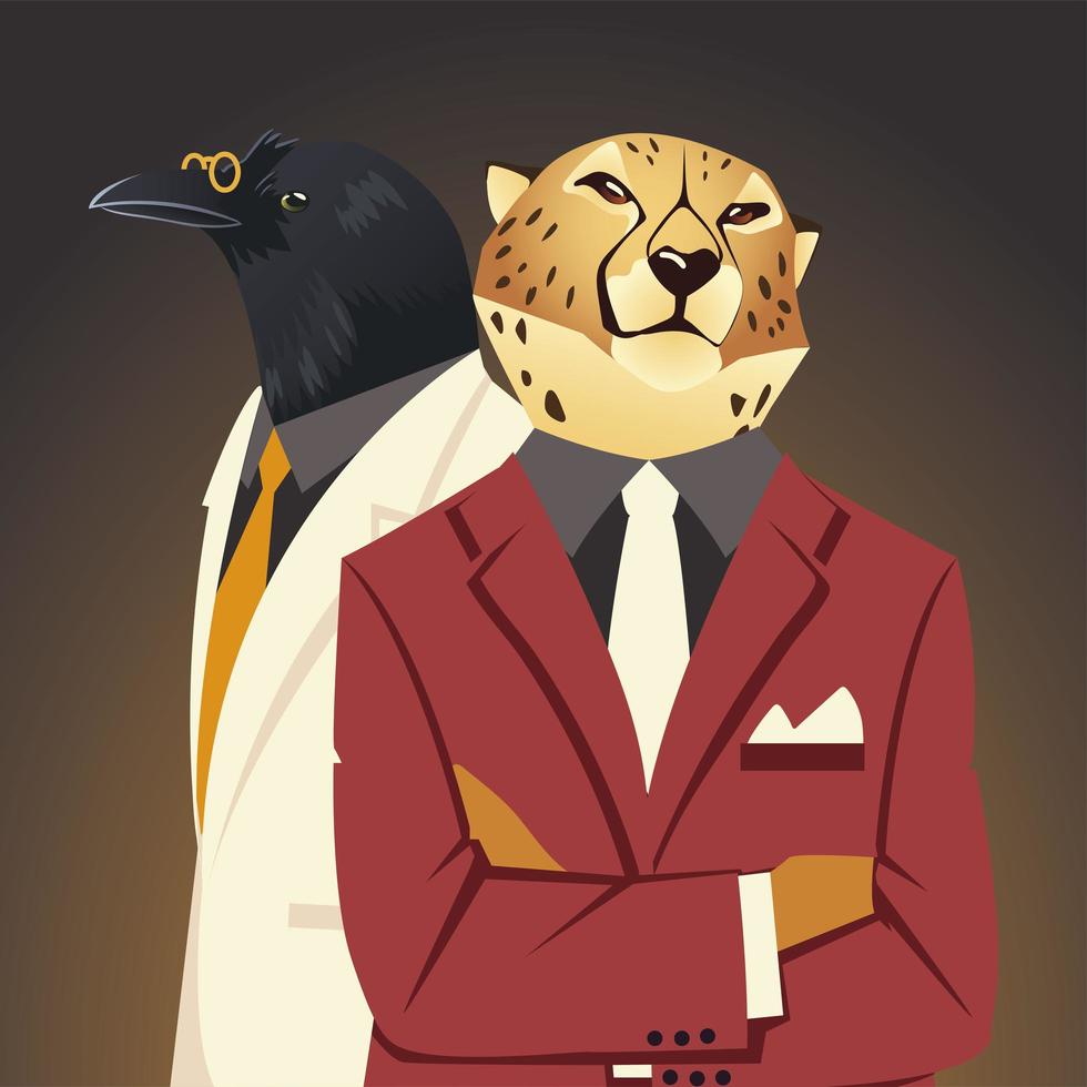 people art animal, leopard and raven with glasses and formal clothes vector