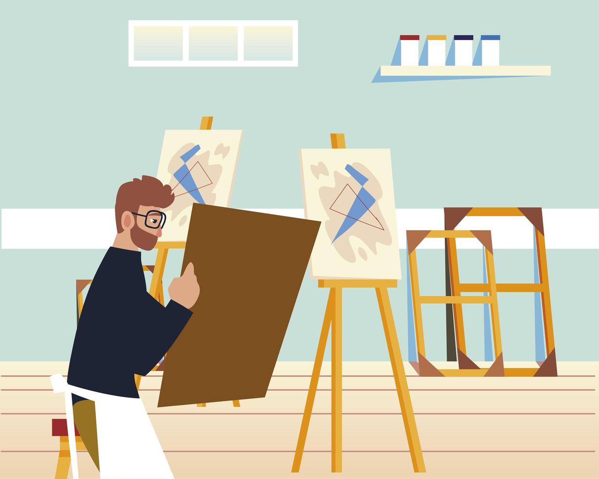 paint class art, male teacher in the studio with tools for class vector