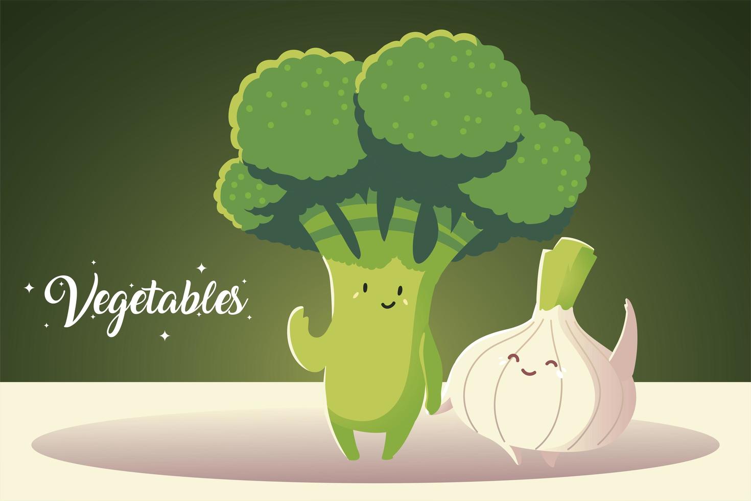 vegetables kawaii cute broccoli and onion cartoon style vector