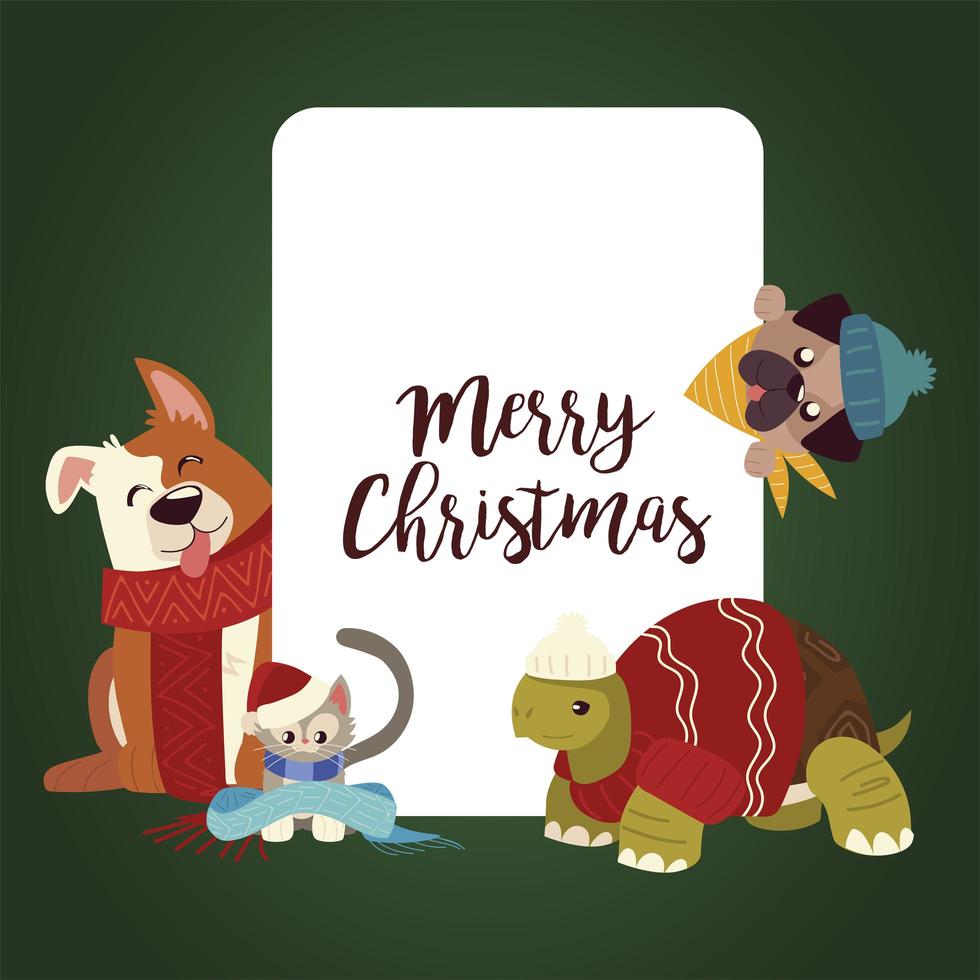 merry christmas greeting card with cute animals wearing winter clothes vector