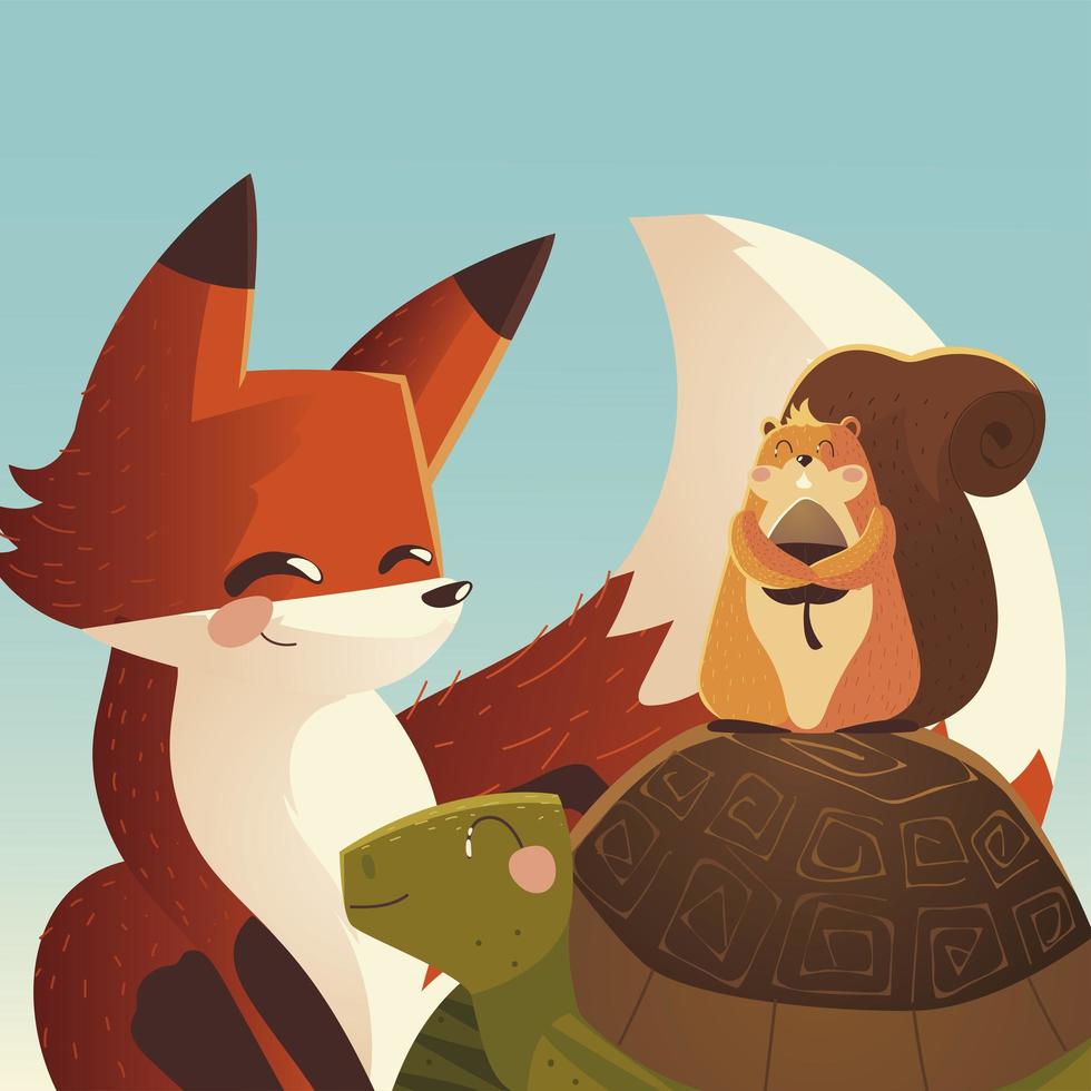 cartoon animals cute fox turtle with squirrel wildlife vector