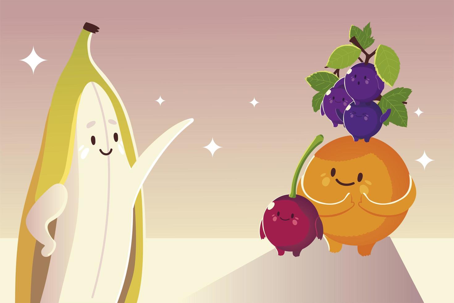 frutas kawaii cara graciosa banana uvas naranja y cereza juntos vector