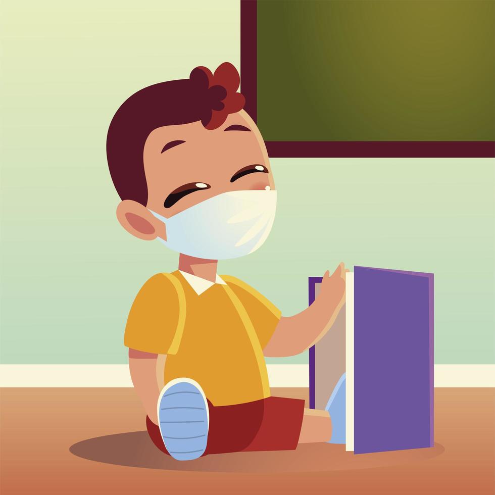 Back to school of boy kid with medical mask and notebook vector design