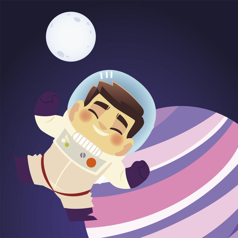 espacio feliz astronauta personaje luna y planeta dibujos animados vector