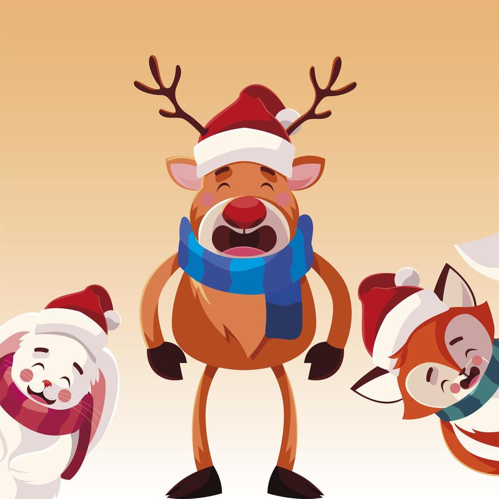 merry christmas reindeer rabbit and fox vector design