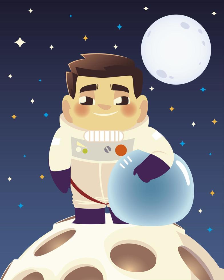 space astronaut holding helmet on planet and moon background vector