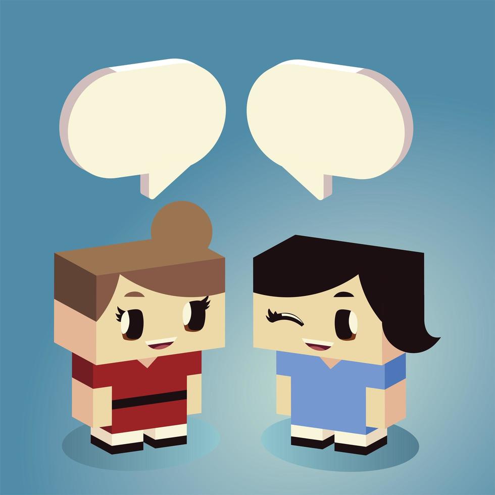 cute little girls speech bubble talking cartoon, isometric style vector