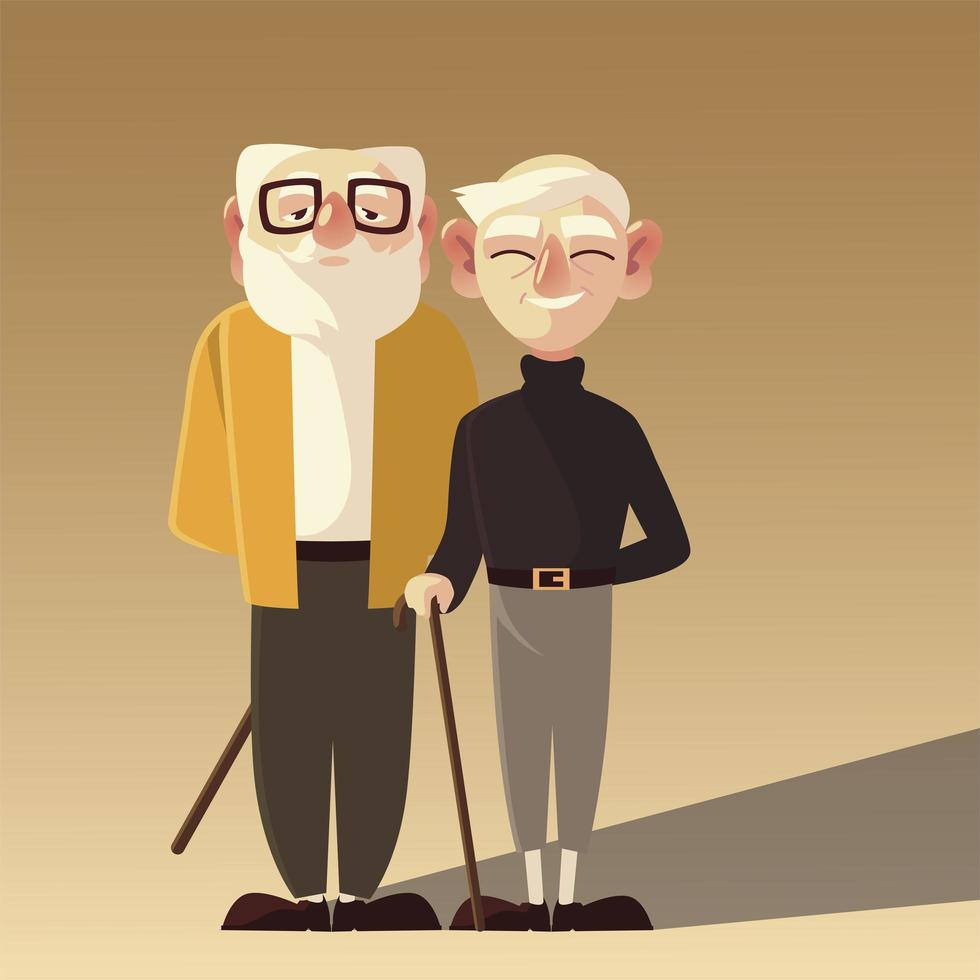 senior people, two grandpa with glasses and walk stick characters vector