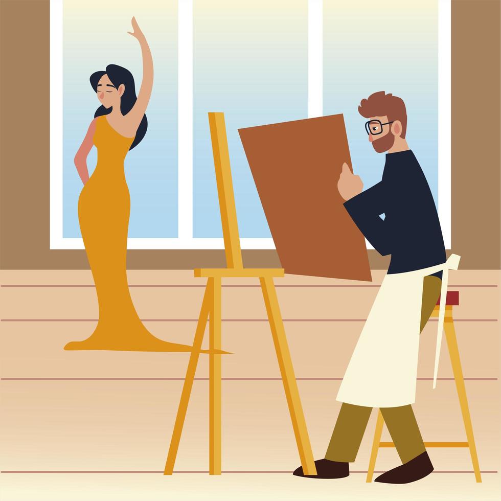 arte de la clase de pintura, hombre pintando imagen modelo femenino en el estudio vector