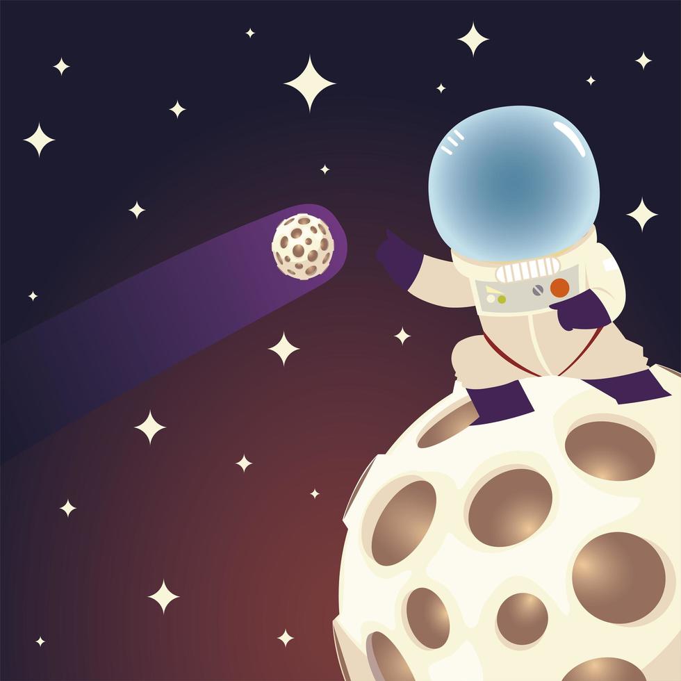 space astronaut on moon comet and stars galaxy cartoon vector