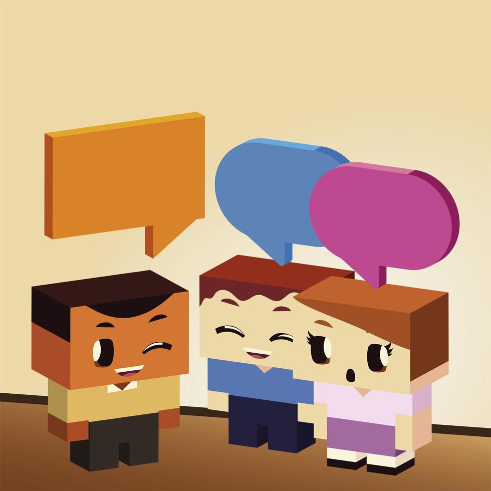 kids, little boy and girls talking speech bubble, isometric style vector