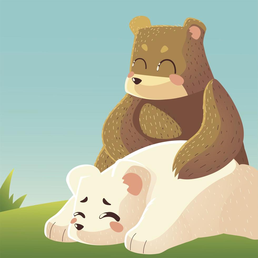 cute bear and polar bear resting in the grass cartoon animals vector