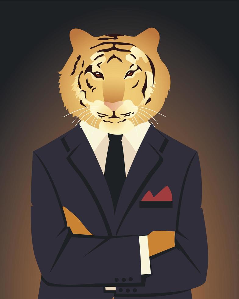 people art animal, tiger dressed in black suit and necktie vintage vector