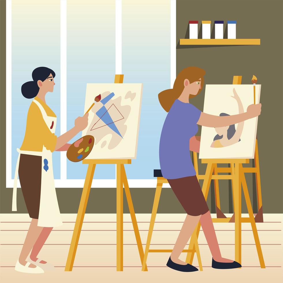 paint class art, students women painting on canvas in studio vector