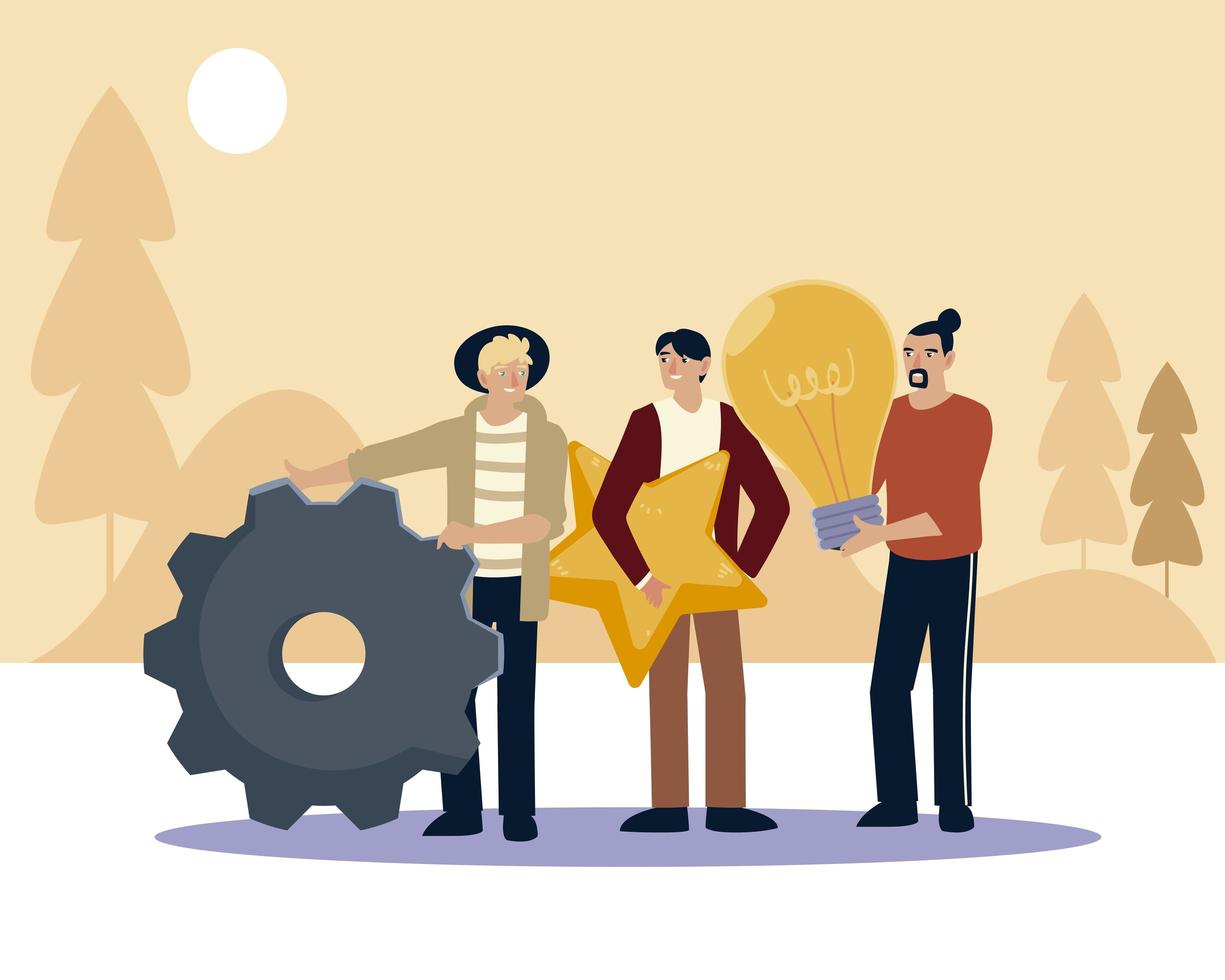 young men holding objects gear star and light bulb vector