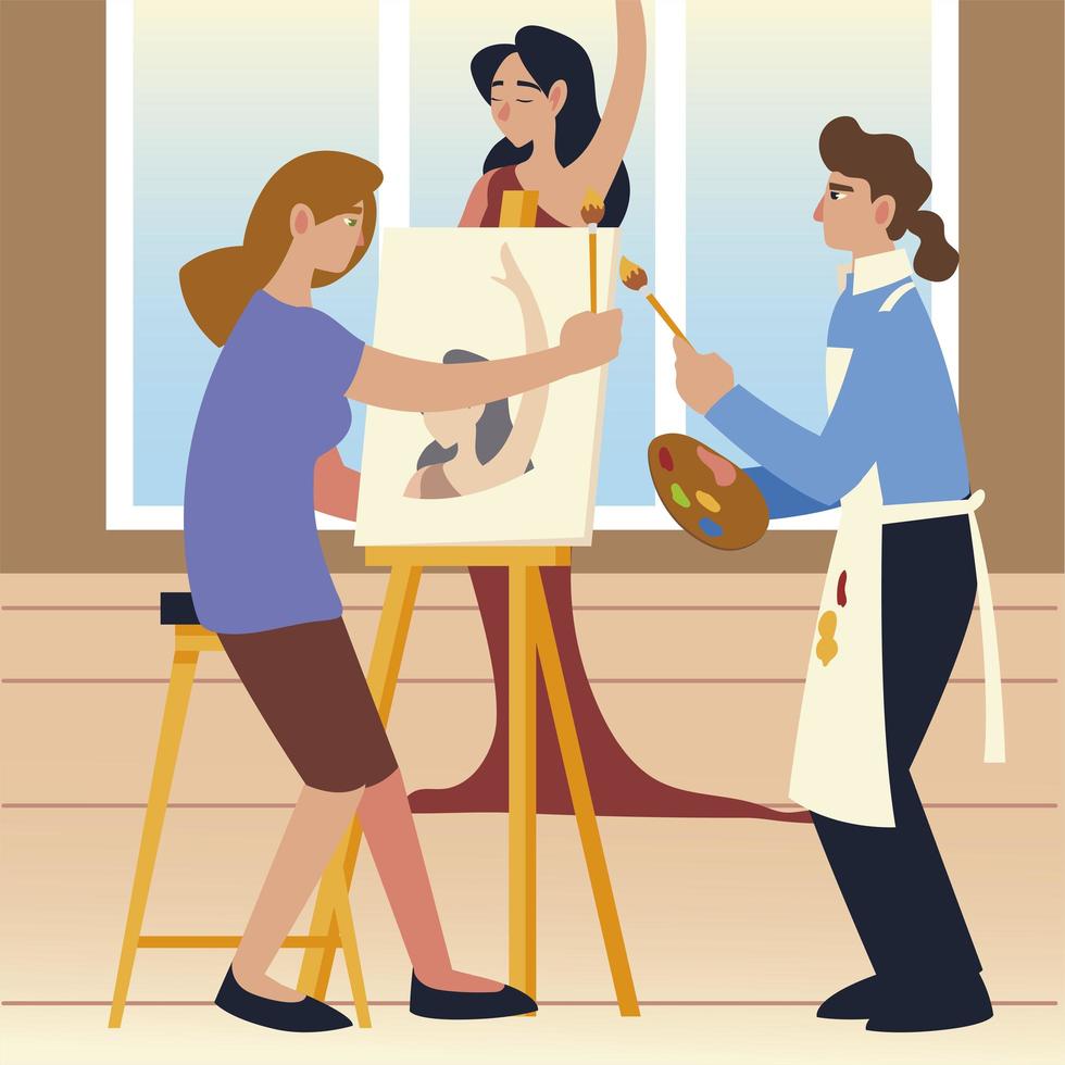paint class art, teacher man and student woman painting a female model vector