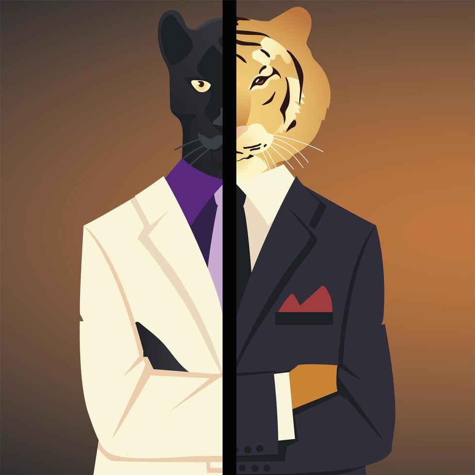 people art animal, character panther and tiger half body in clothes vector