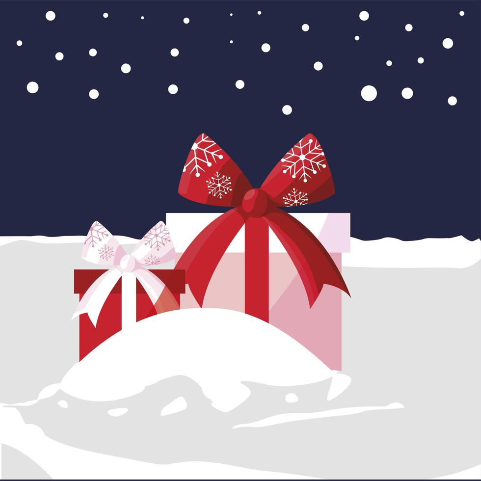 merry christmas wrapped gift boxes in the snow scene vector