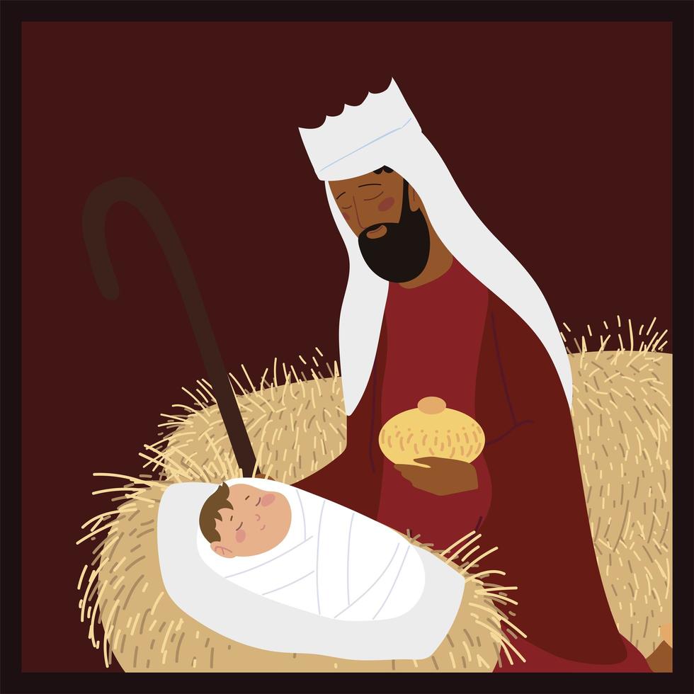 Natividad niño Jesús con melchor rey sabio pesebre vector