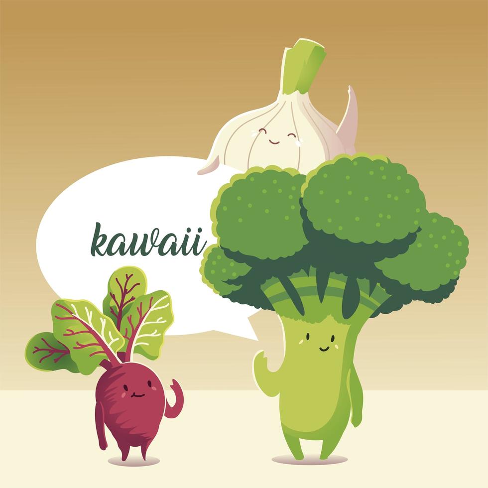vegetables kawaii cute cartoon broccoli and beet vector