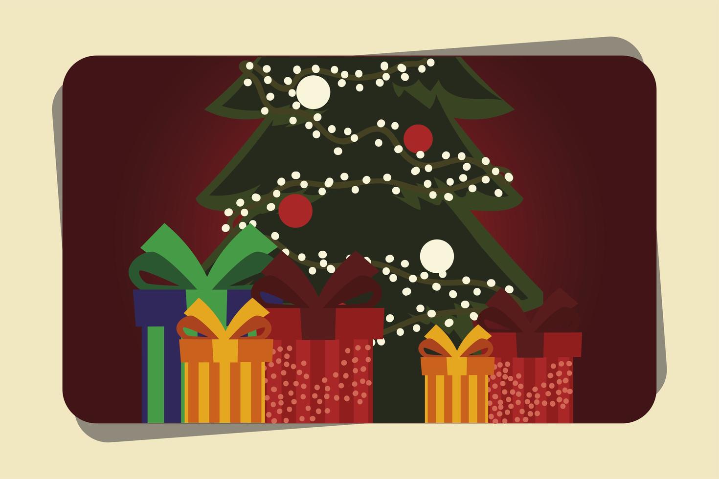 merry christmas greeting card with tree and gifts vector