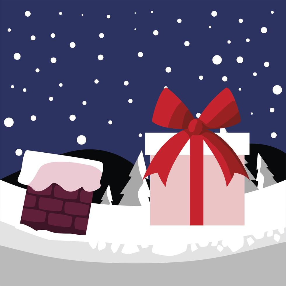 merry christmas gift chimney in the snowy landscaping vector