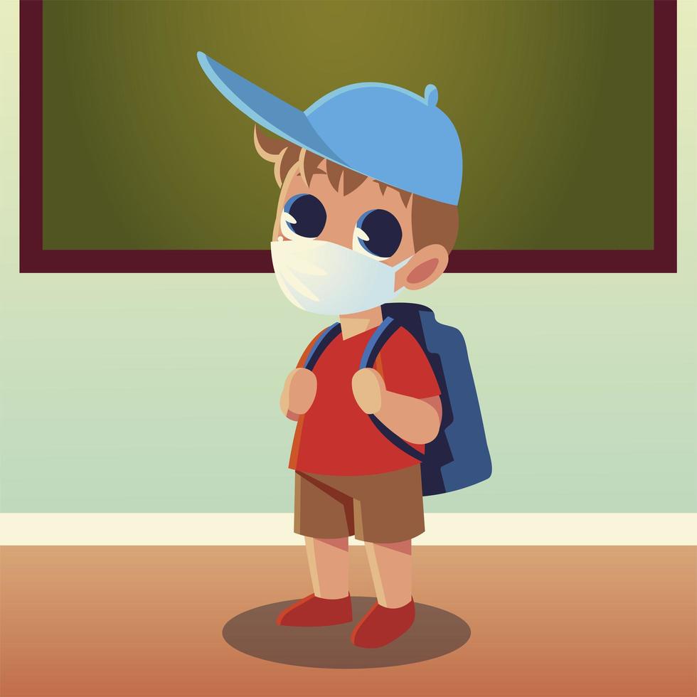 Back to school of boy kid with medical mask and hat vector design