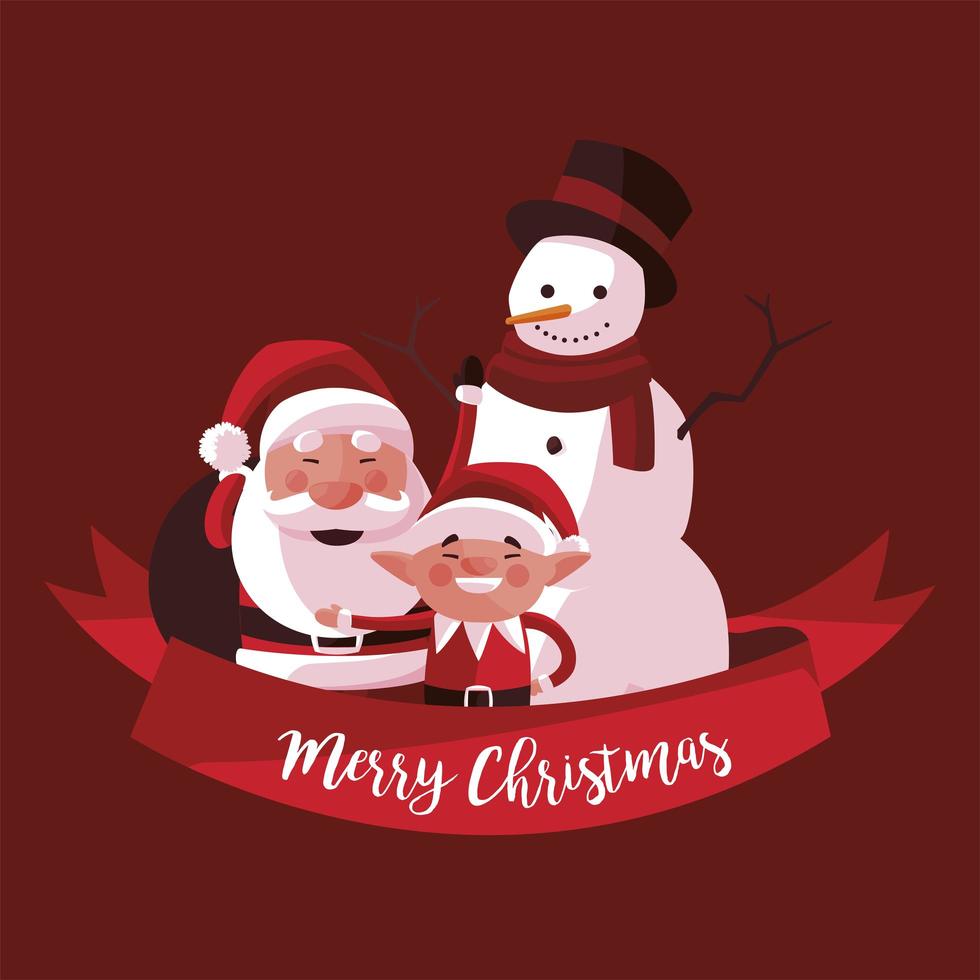 feliz navidad santa muñeco de nieve y decoración de cinta elfo vector