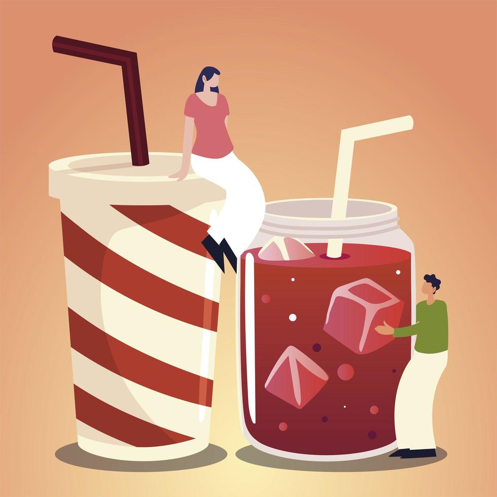 man and woman with takeaway cup and juice with straw food vector