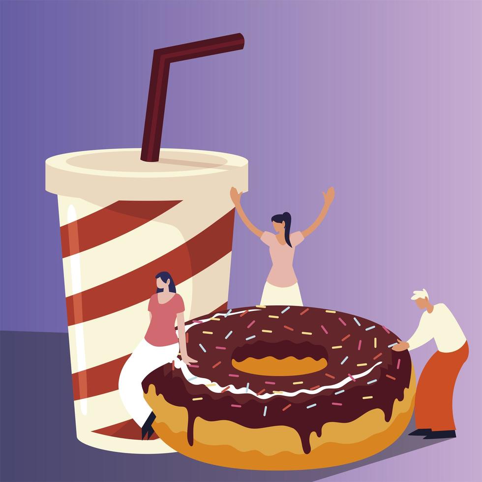 personas con donut de chocolate y refrescos frescos. vector