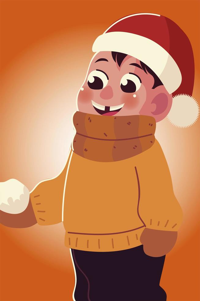 happy little boy in winter clothes and snowball vector