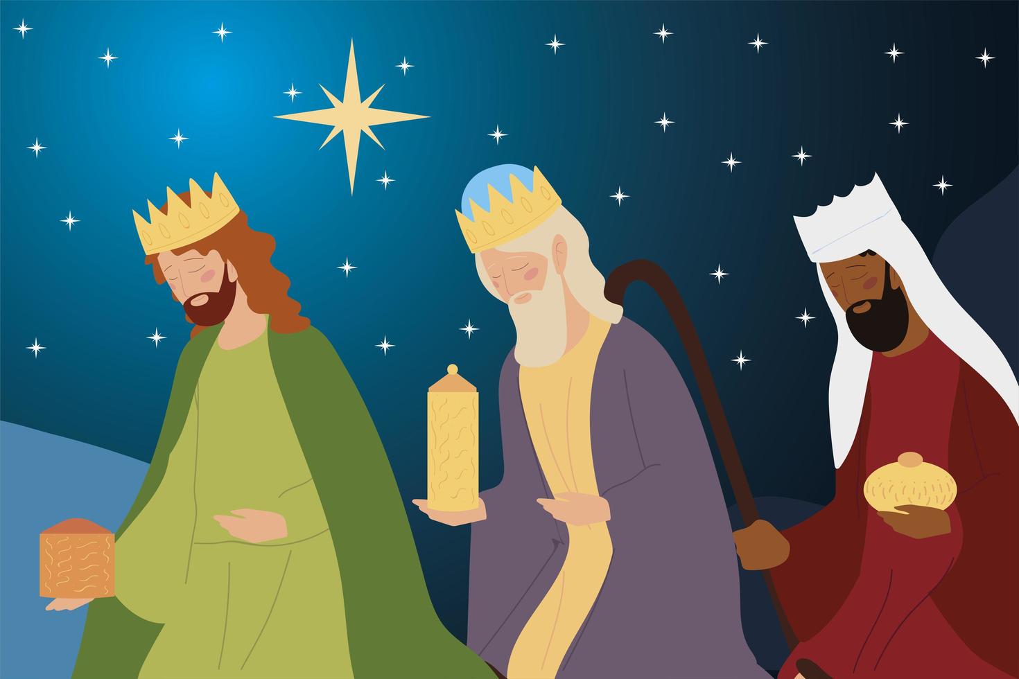 nativity three wise kings with gifts in the night manger vector