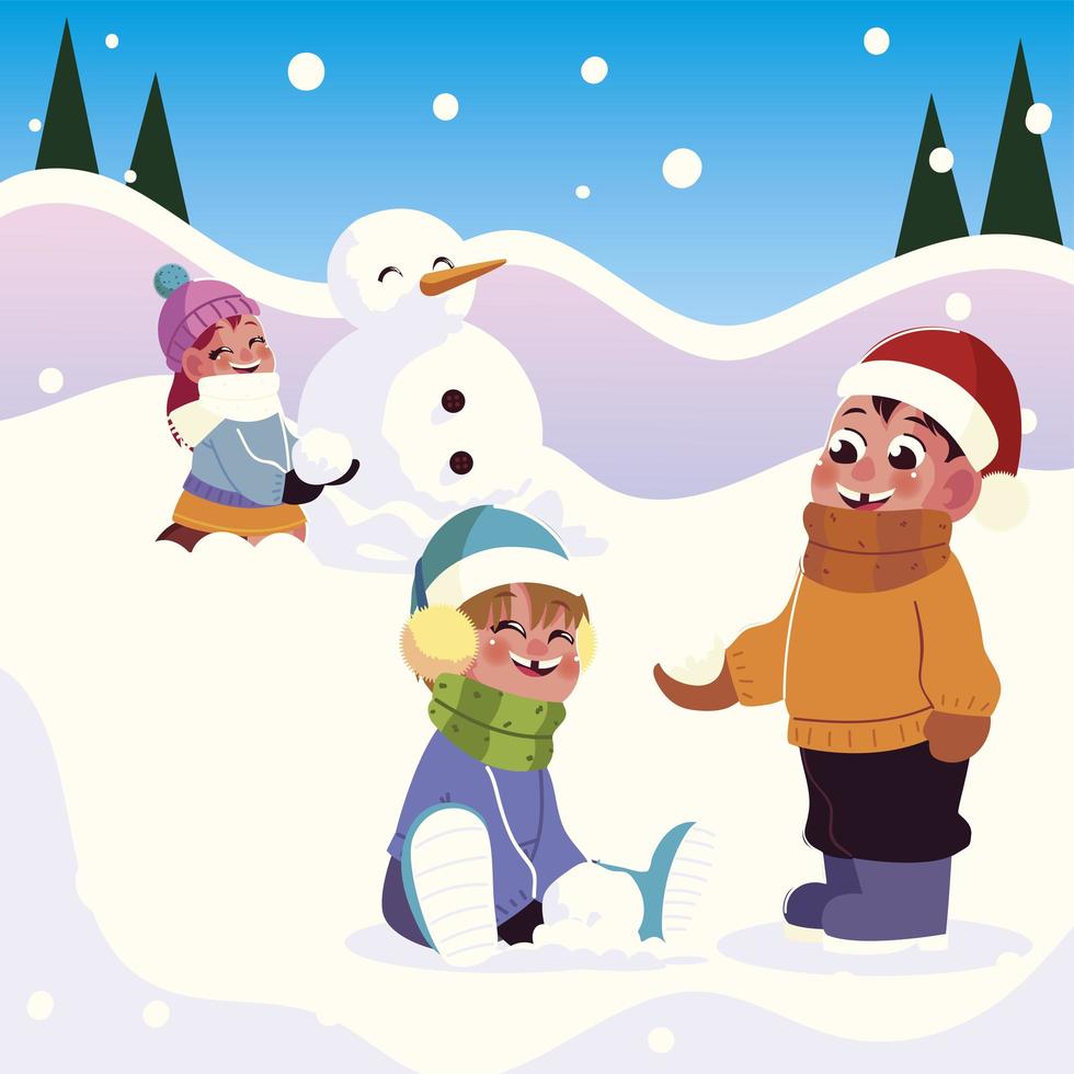 grupo alegre niñas y niños jugando con nieve vector