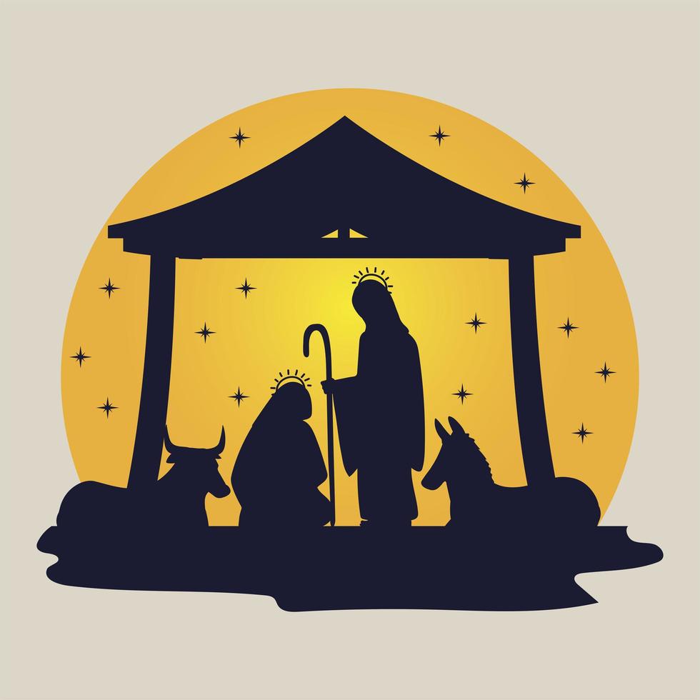 nativity manger in silhouette mary joseph and animals vector