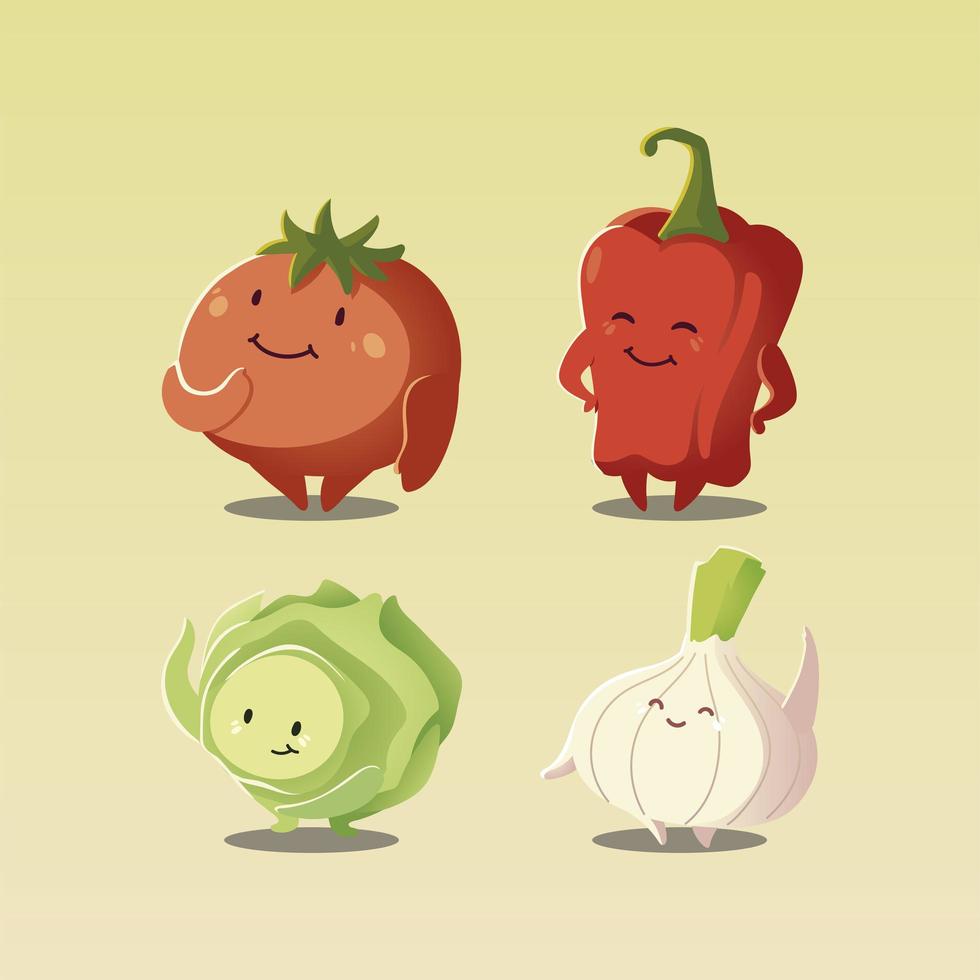 verduras kawaii lindo tomate pimiento cebolla y repollo estilo de dibujos animados vector