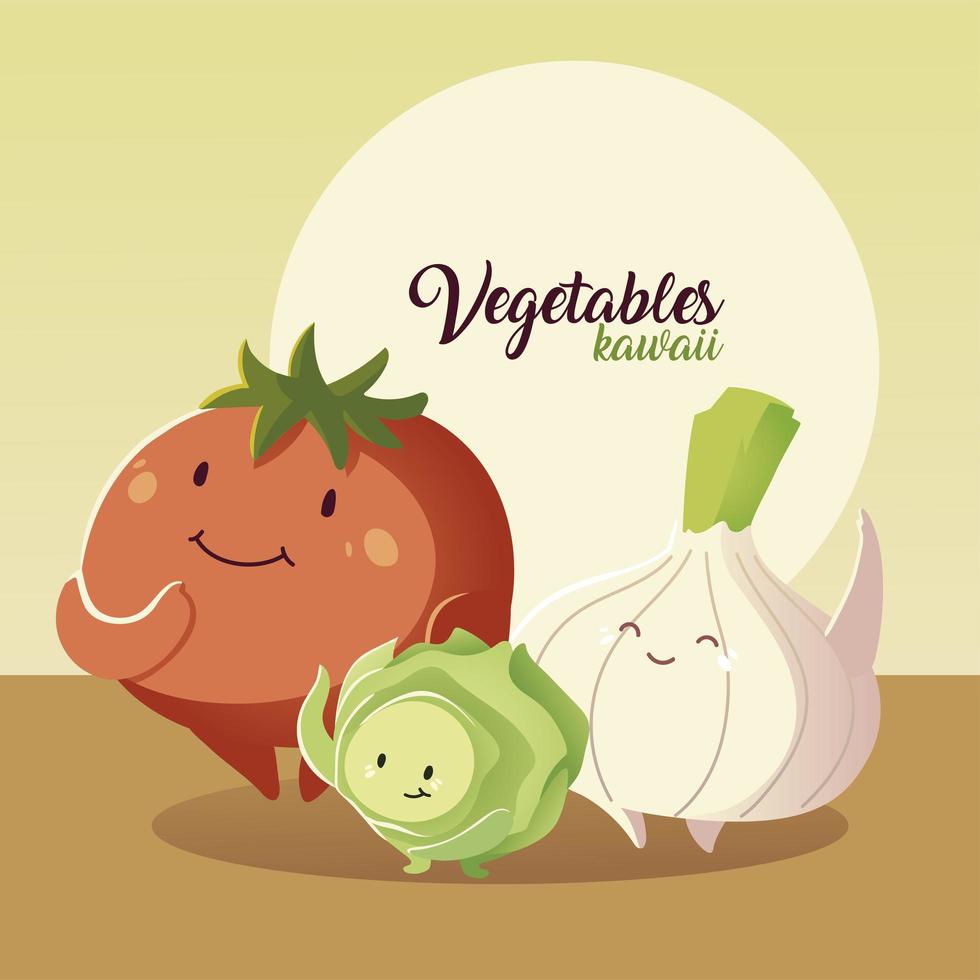 verduras kawaii lindo tomate cebolla y repollo estilo de dibujos animados vector