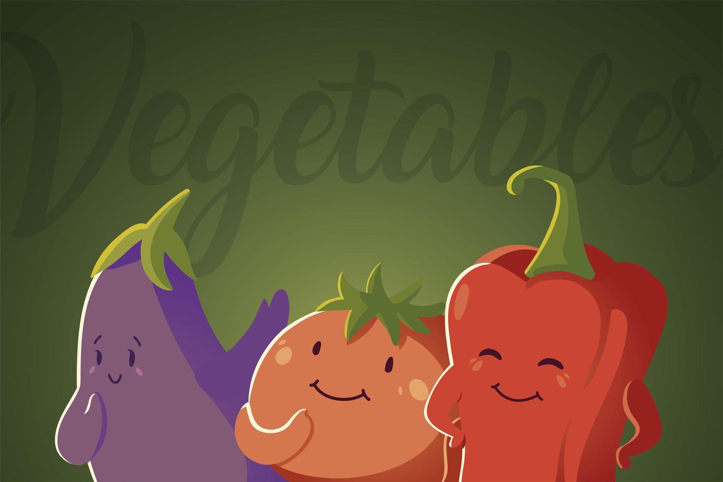 vegetables kawaii cute pepper tomato and eggplant cartoon style vector
