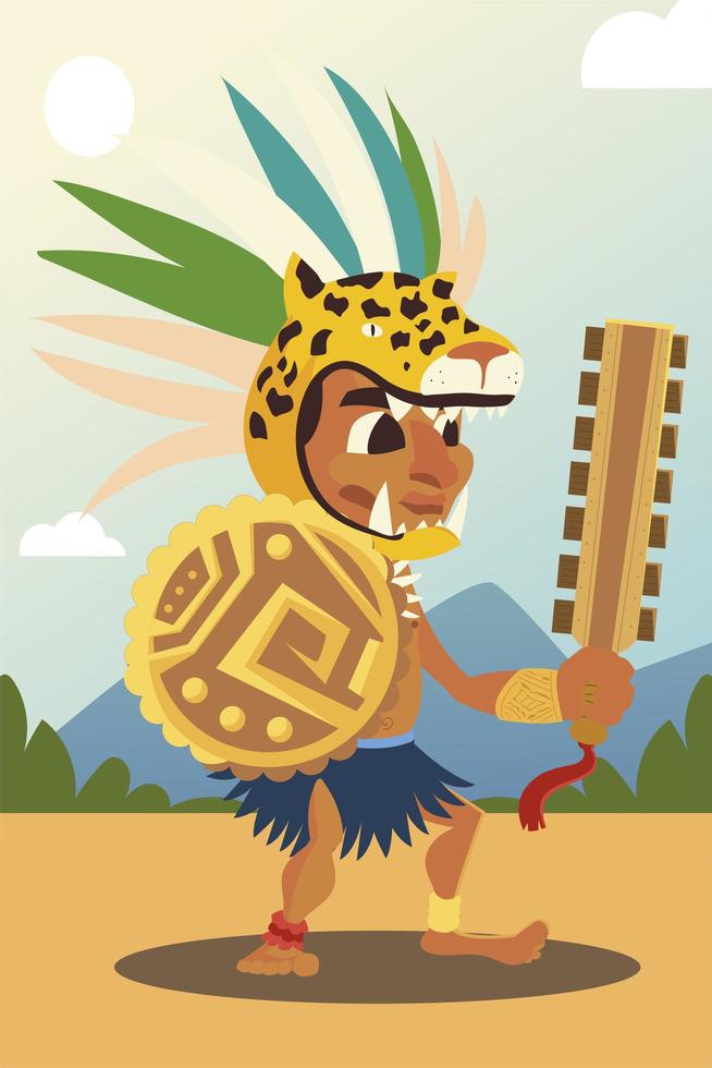 aztec warrior in traditional weapon tribal and headgear vector