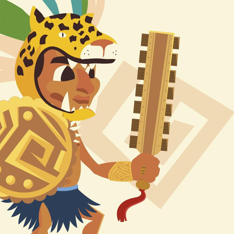 Guerrero azteca arma tradicional tribal y tocados vector