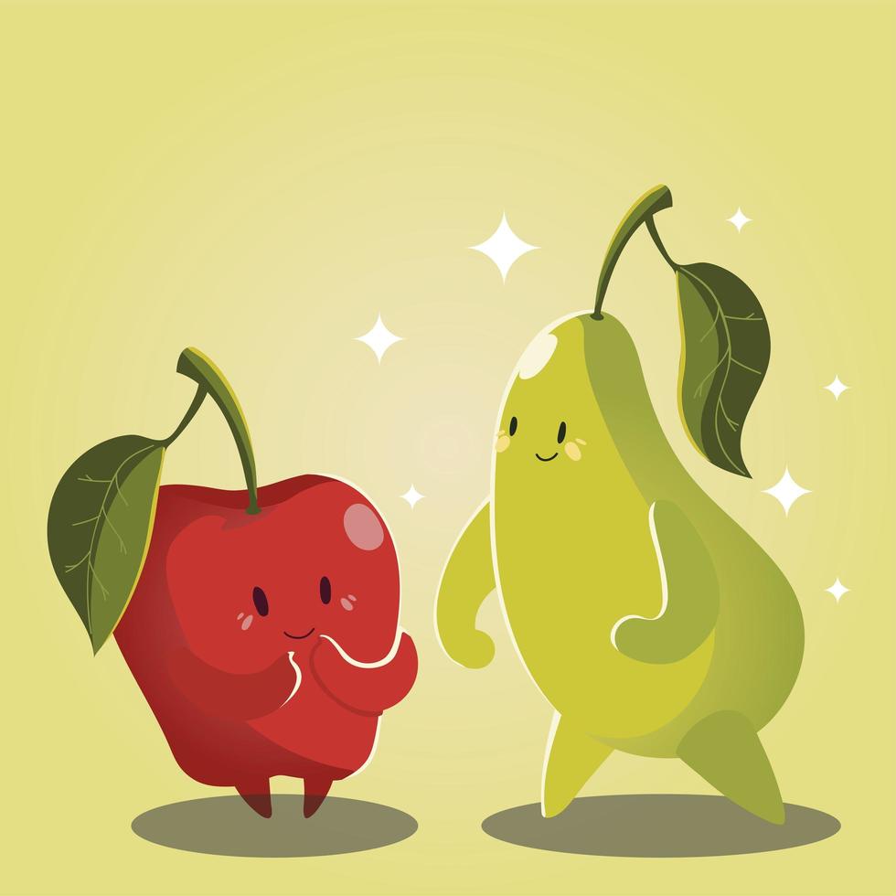 fruits kawaii funny face cute apple and pear vector